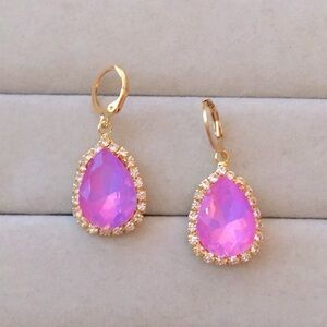 Pink Purple Opal Aurora Borealis + Gold Pear Crystal Drop Earrings